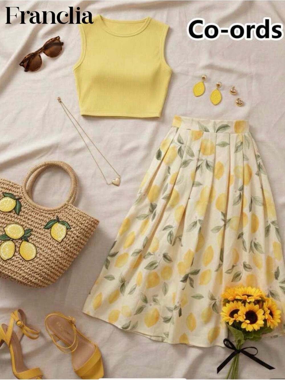 SHEIN Yellow Lemon-Print Pleated Midi Skirt and Yellow cropped tank